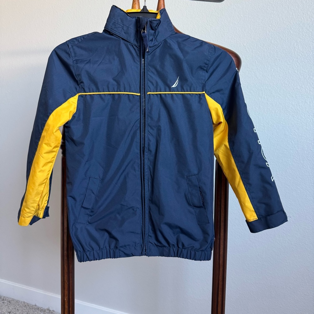 Nautica Boys Hooded Windbreaker Jacket Size 6 Navy Yellow Full Zip Lightweight